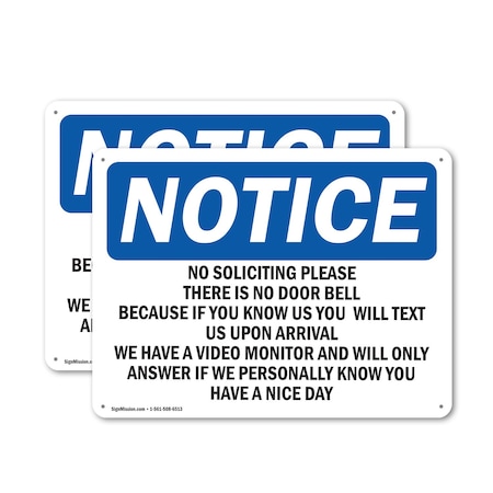Signmission No Soliciting Please There Is No Door Bell OSHA Notice Sign, Plastic, 10in W x 7in L, 2PK OS-2PACK-NS-P-710-L-14835
